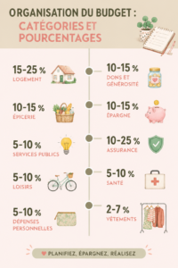Une femme souriante organisant son budget sur son ordinateur, entourée de notes et d'un café.