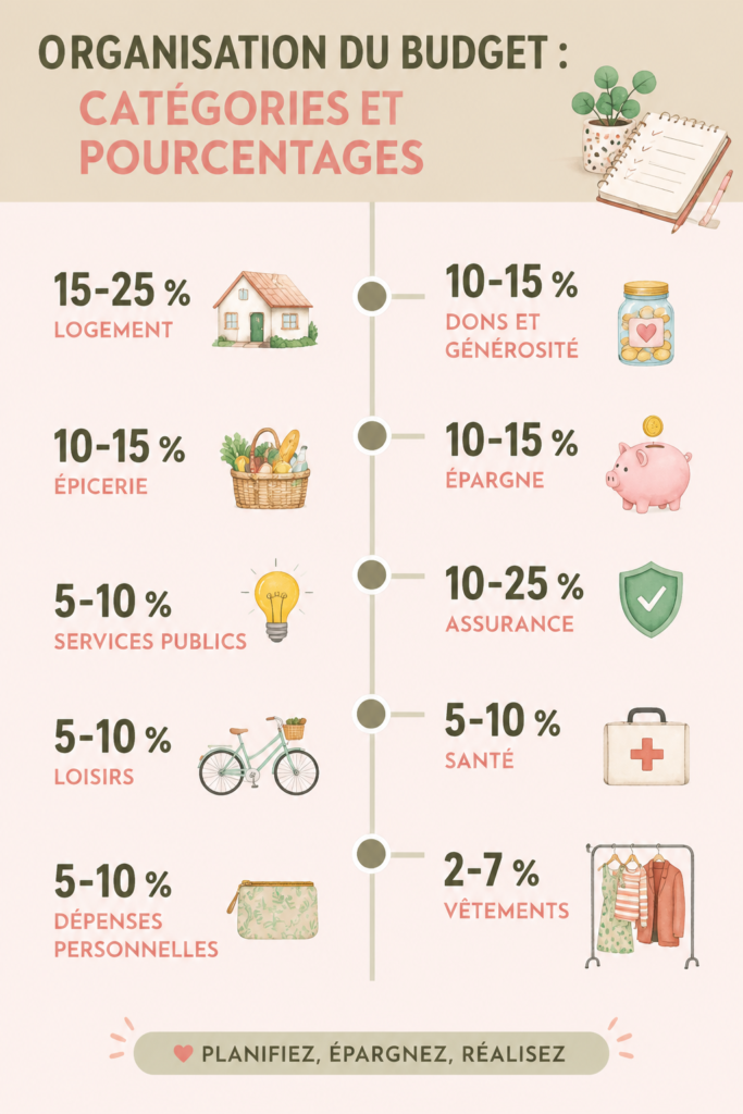 Une femme souriante organisant son budget sur son ordinateur, entourée de notes et d'un café.