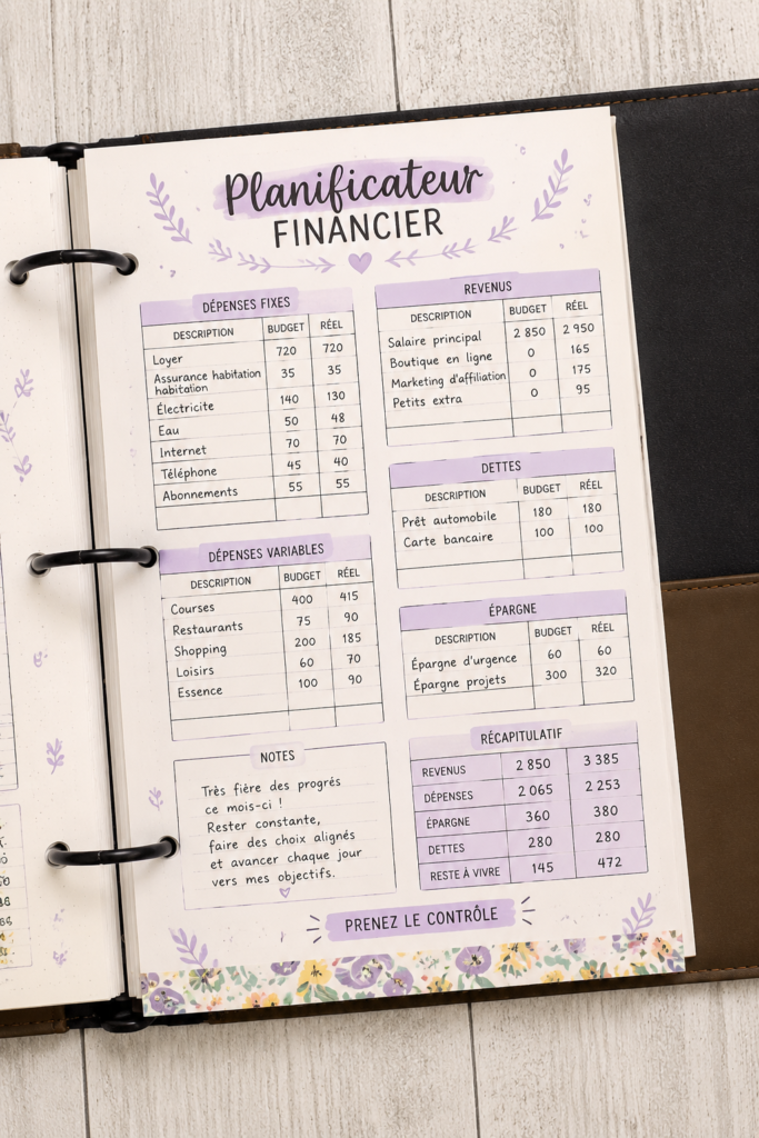 Une femme utilisant un planificateur financier pour gérer son budget et ses économies.