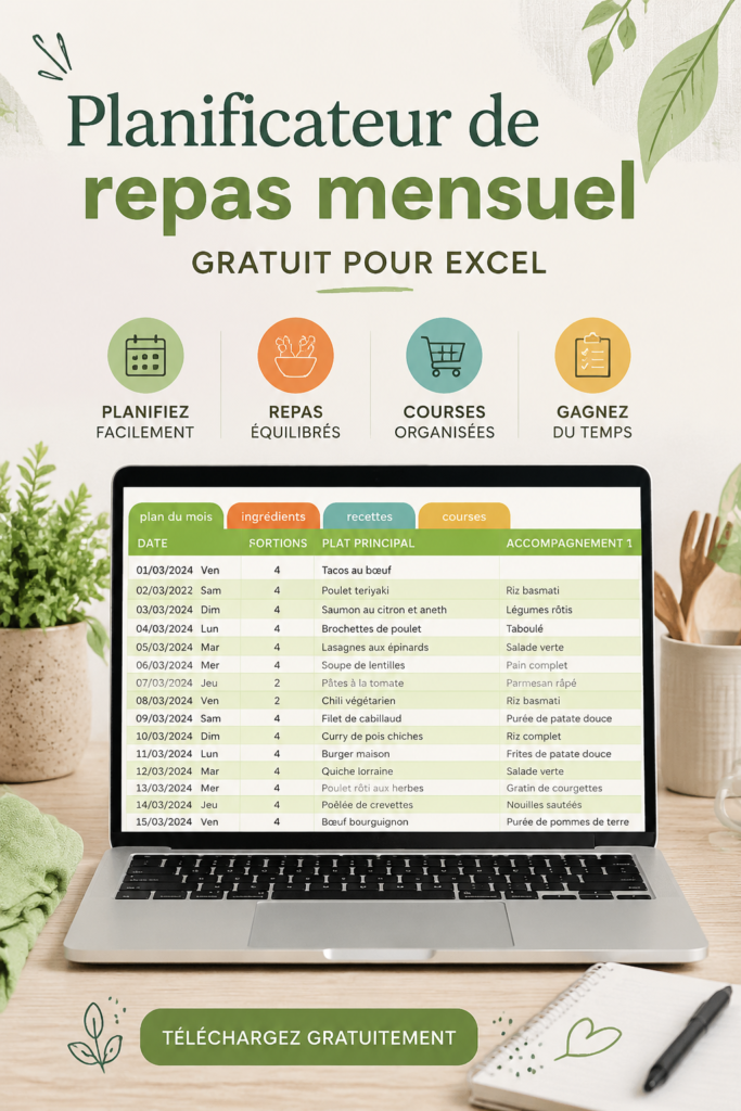Modèle de planificateur de repas sur Excel avec des cases à cocher