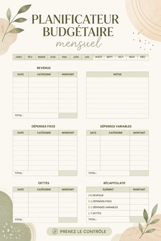 Template de budget mensuel minimaliste beige sur une table en bois