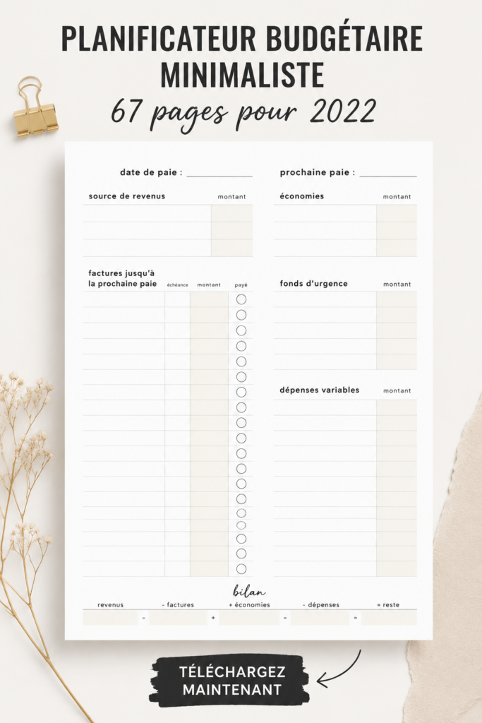 Un planner budget minimaliste présenté sur un bureau avec des accessoires de bureautique