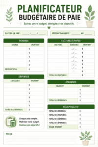 Planner budgétaire coloré posé sur une table en bois avec des équipements de bureau.