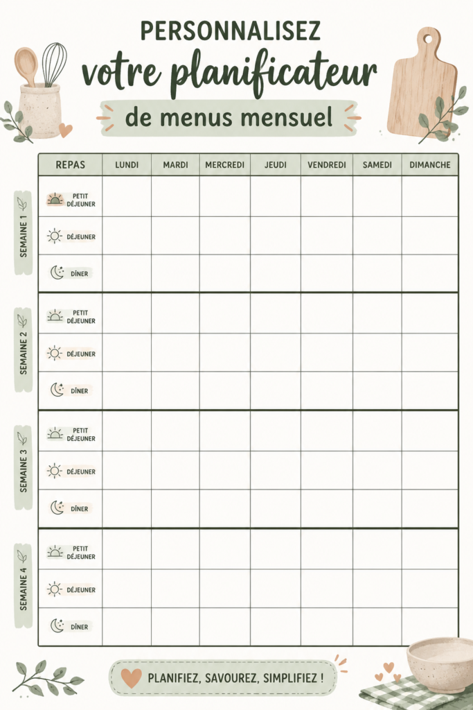 Planner de menu personnalisé sur une table de cuisine