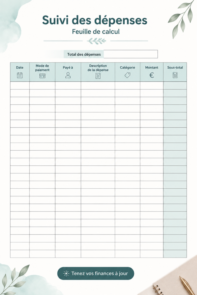 Tableau Excel pour suivi des dépenses sur un bureau, symbolisant une gestion financière pratique.