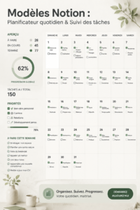 Un planificateur quotidien Notion sur un bureau avec des outils de travail