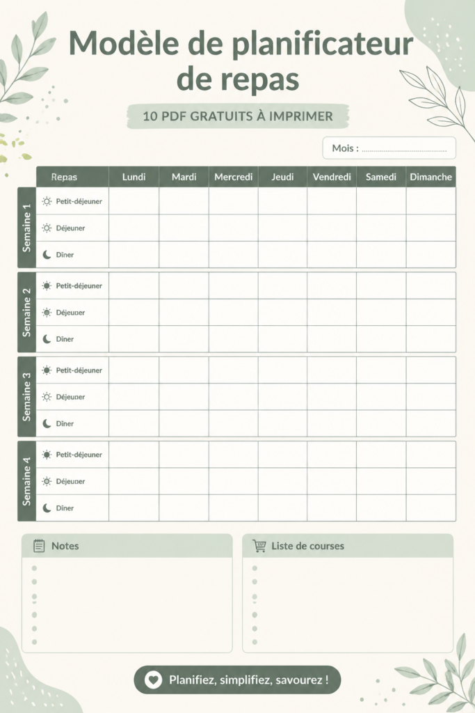 Template de planification des repas à imprimer avec des sections pour chaque jour de la semaine.