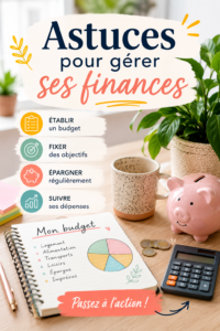 Femme souriante examinant ses finances avec un ordinateur et un carnet.