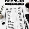 Calendrier de gestion financière en noir et blanc avec des sections pour noter les revenus et dépenses.