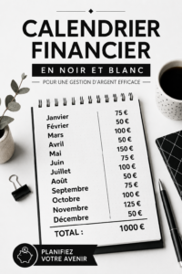 Calendrier de gestion financière en noir et blanc avec des sections pour noter les revenus et dépenses.