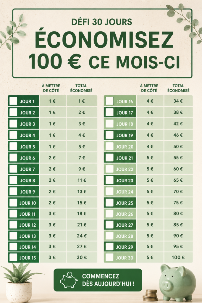 Checklist imprimée pour économiser 100 euros ce mois.