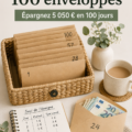 Illustration du défi des 100 enveloppes avec des enveloppes colorées et de l'argent