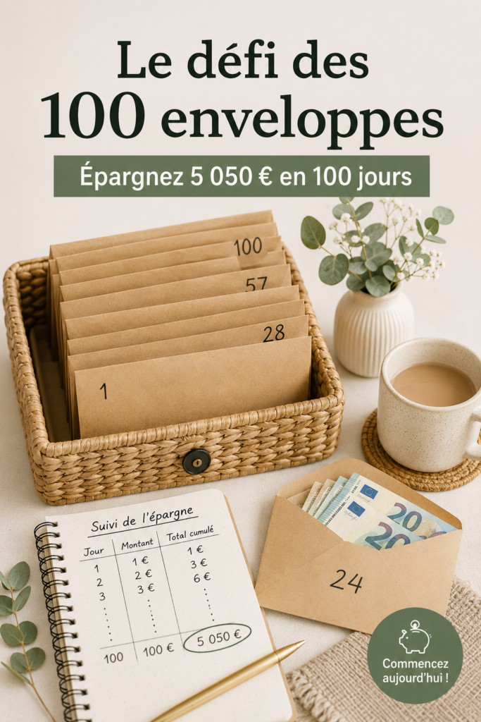 Illustration du défi des 100 enveloppes avec des enveloppes colorées et de l'argent