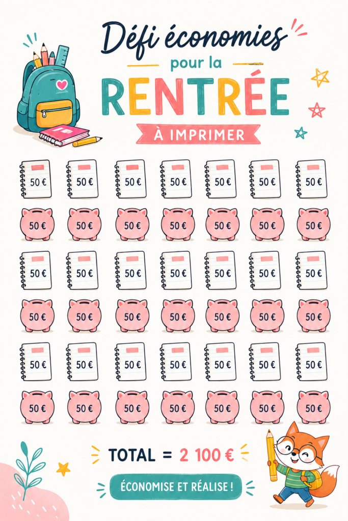 Défi budget pour la rentrée scolaire avec des fournitures scolaires et un calendrier.