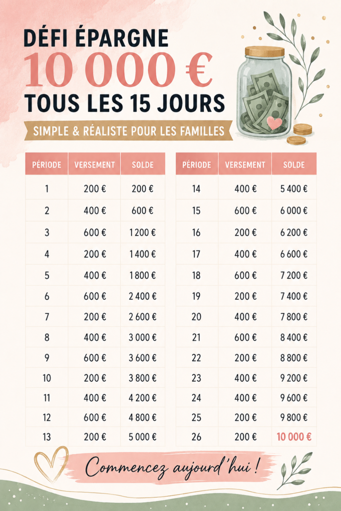 Illustration d'une famille discutant de leur défi épargne de 10 000 dollars.