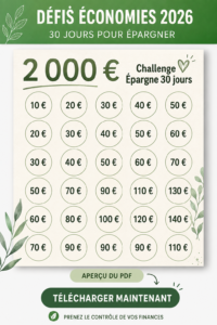 Image d'un challenge épargne de 30 jours avec des objectifs financiers pour 2026.