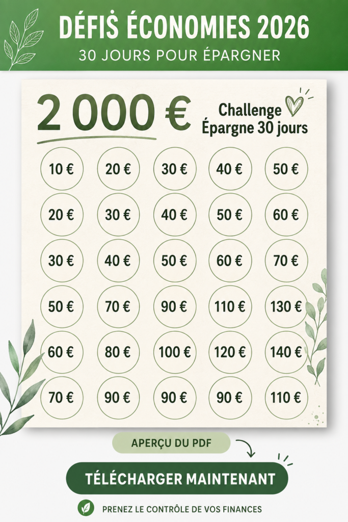 Image d'un challenge épargne de 30 jours avec des objectifs financiers pour 2026.