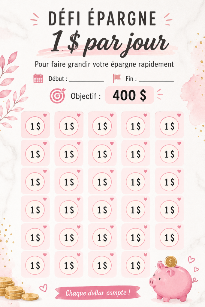 Illustration d'un défi d'épargne à 1 dollar, montrant un graphique de croissance d'économies.