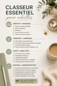 Un classeur adulte bien organisé avec des dossiers colorés et étiquetés.