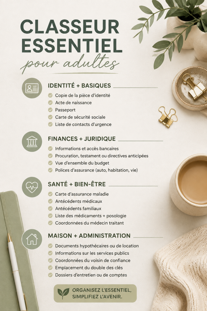 Un classeur adulte bien organisé avec des dossiers colorés et étiquetés.