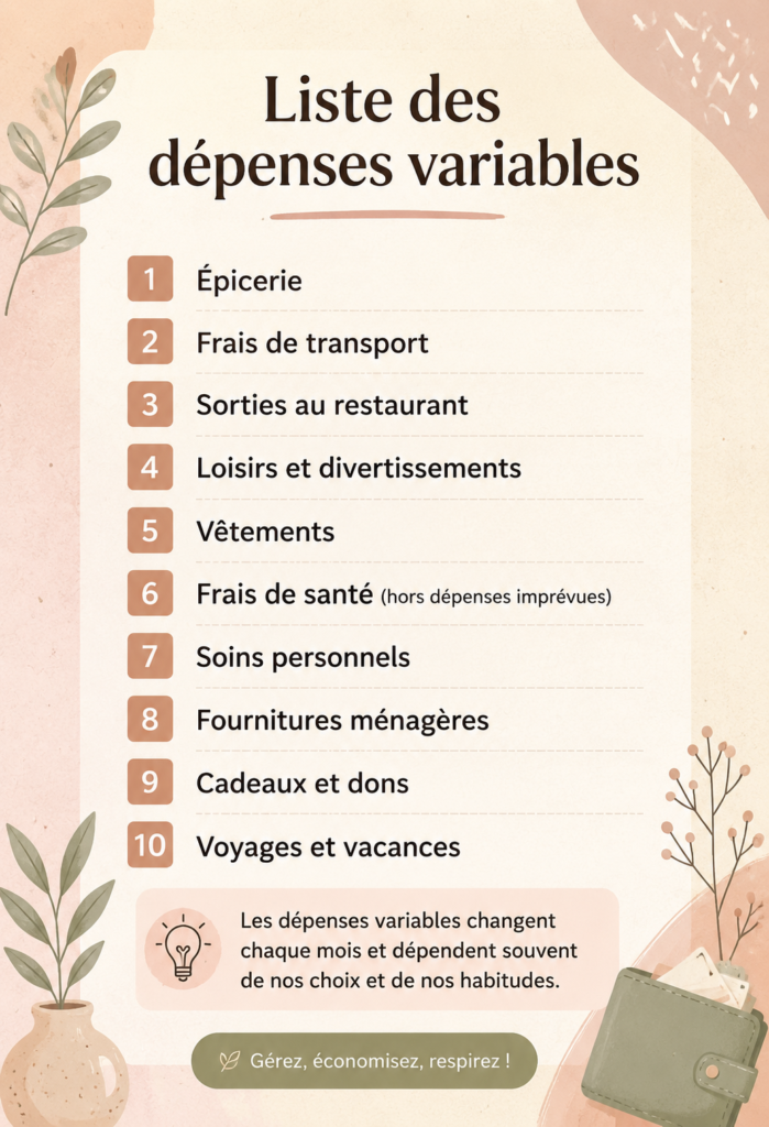 Visuel illustrant la gestion des dépenses variables avec des notes et un calendrier.