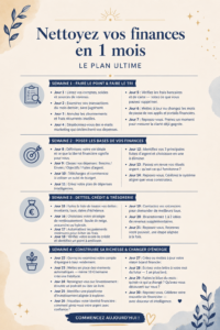 Femme souriante revisitant son budget avec des notes et un ordinateur