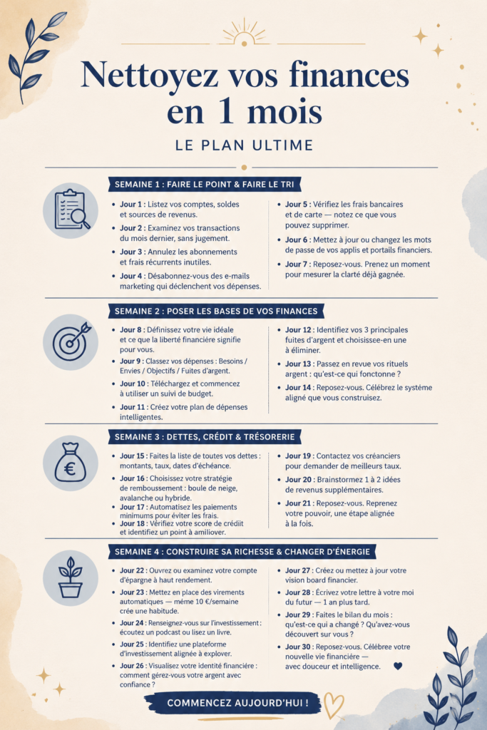 Femme souriante revisitant son budget avec des notes et un ordinateur