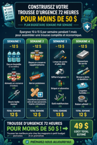 Un kit d'urgence économique avec divers supplies sur une table.
