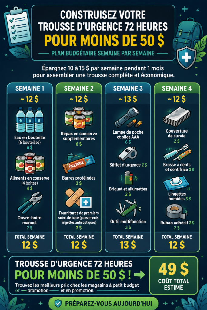 Un kit d'urgence économique avec divers supplies sur une table.