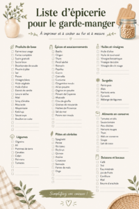Une image d'une liste de courses imprimable sur une table en bois, entourée de produits alimentaires.