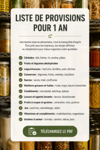 Liste pratique de stockage alimentaire pour un an en images.