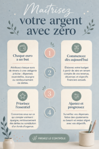 Une femme souriante examinant son budget avec un carnet et un ordinateur, représentant la gestion financière