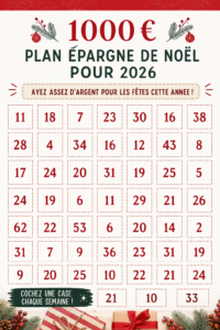 Une femme souriante regardant une liste d'épargne pour Noël avec décorations festives en arrière-plan.