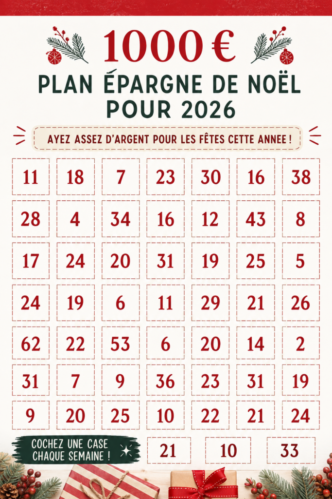 Une femme souriante regardant une liste d'épargne pour Noël avec décorations festives en arrière-plan.