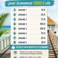 Femme souriante avec des billets de banque pour son épargne vacances.