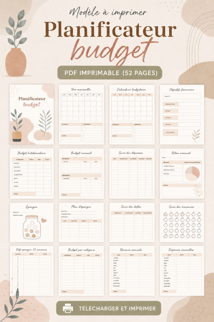 Un planificateur de budget imprimable ouvert sur une table avec des stylos et des notes.