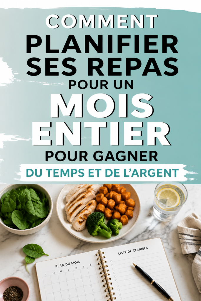 Un tableau de planification des repas coloré avec des ingrédients frais autour.