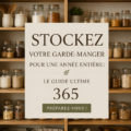Garde-manger bien rempli avec des bocaux d'aliments diverses et des étagères, représentant la préparation culinaire pour un an.