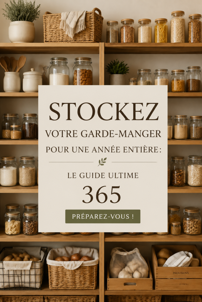 Garde-manger bien rempli avec des bocaux d'aliments diverses et des étagères, représentant la préparation culinaire pour un an.