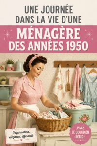 Illustration d'une femme au foyer des années 50 dans sa cuisine en train de cuisiner, évoquant la gestion de budget et le mode de vie frugal.