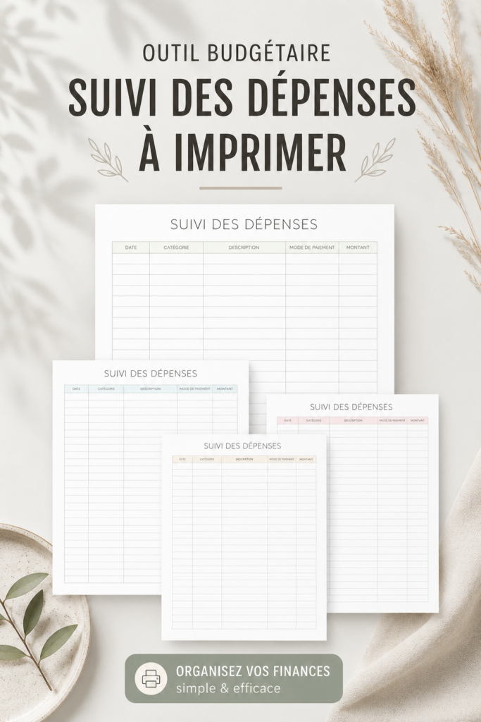 Modèle de tracker de dépenses imprimable sur un bureau avec un stylo