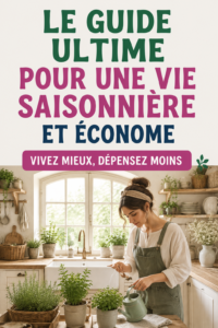 Une femme souriante entourée de produits de saison, illustrant un mode de vie frugal.