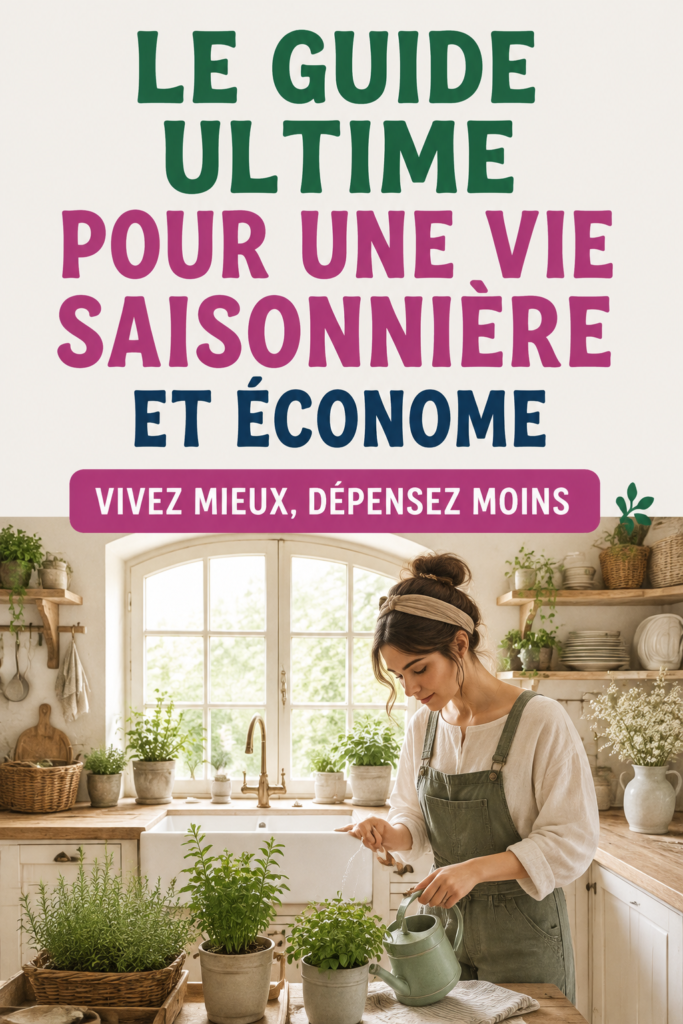 Une femme souriante entourée de produits de saison, illustrant un mode de vie frugal.