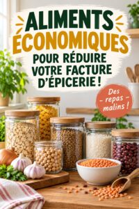 Une vue de divers aliments économiques dans un garde-manger frugal.