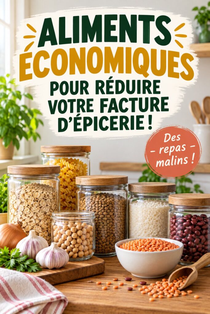 Une vue de divers aliments économiques dans un garde-manger frugal.