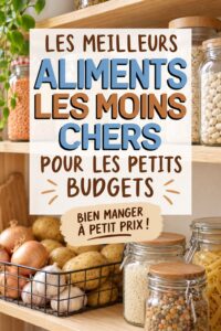 Présentation de plusieurs aliments économiques pour un budget frugal, comprenant légumes et grains.