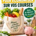 Femme avec un caddie de courses en train de réfléchir à son budget