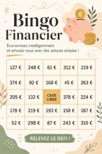 Un tableau de bingo financier coloré avec des cases à remplir pour économiser de l'argent.
