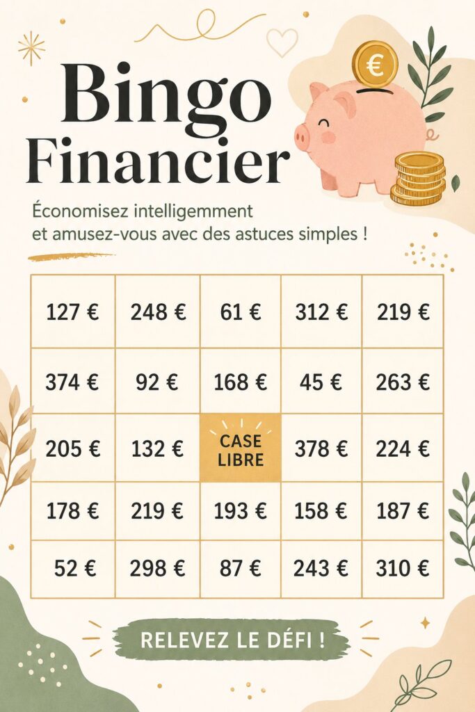 Un tableau de bingo financier coloré avec des cases à remplir pour économiser de l'argent.