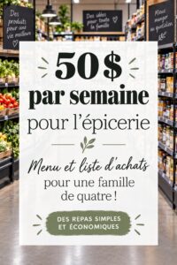 Une famille heureuse autour d'une table avec des plats faits maison et un budget épicerie de 50 $
